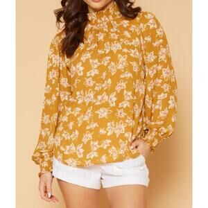 Pleione Top Womens Large Yellow White Floral Cottagecore Feminine Career Blouse
